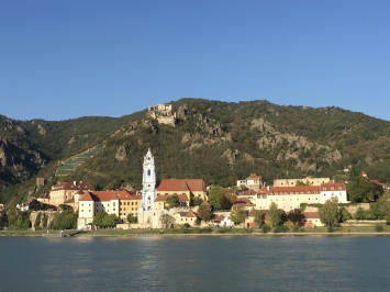 view of Dürnstein from across the Danube