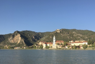 view of Dürnstein from across the Danube